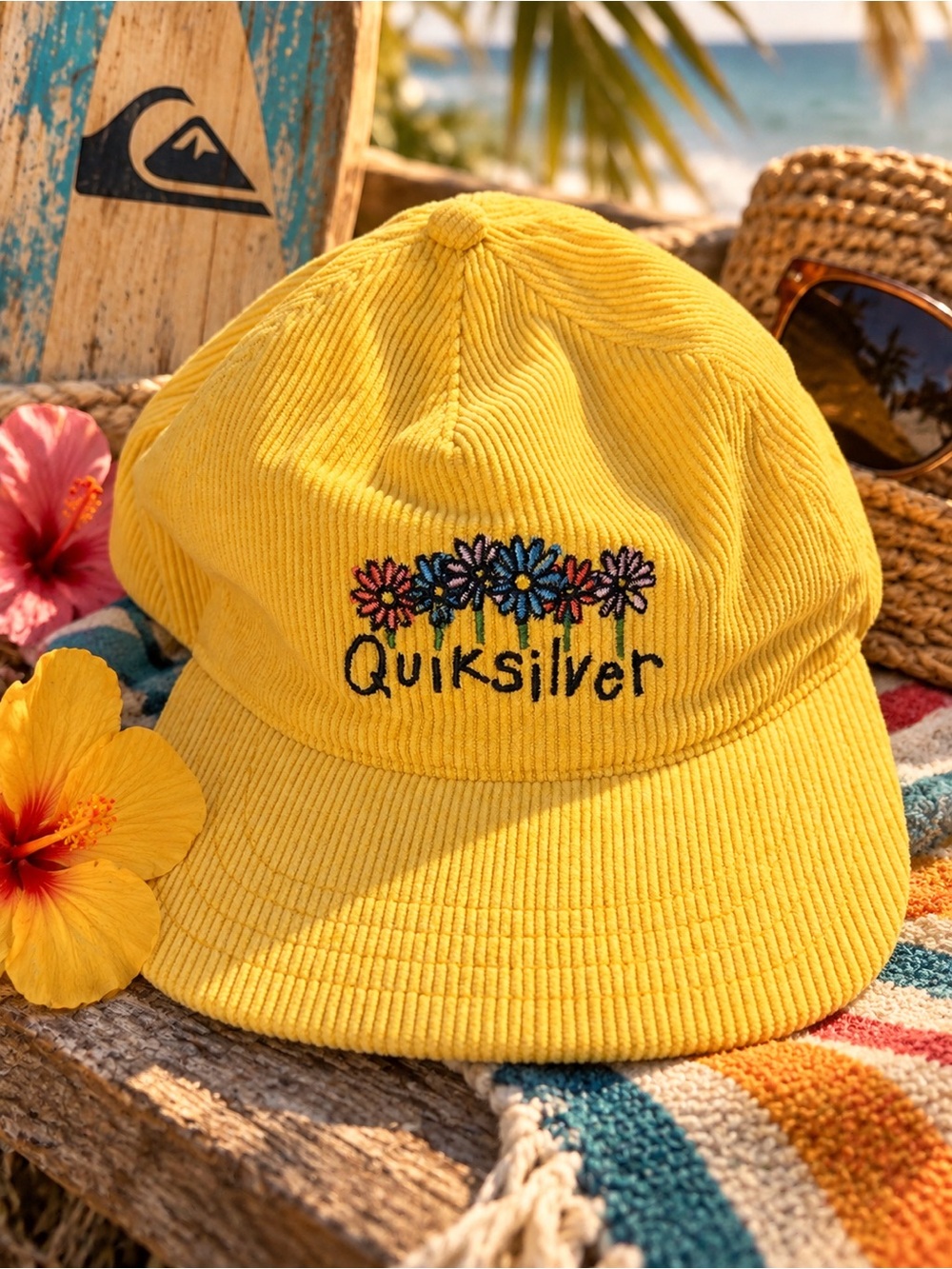Quiksilver Yellow Corduroy Floral Hat Embroidered Daisy Flower Surf Snapback Cap